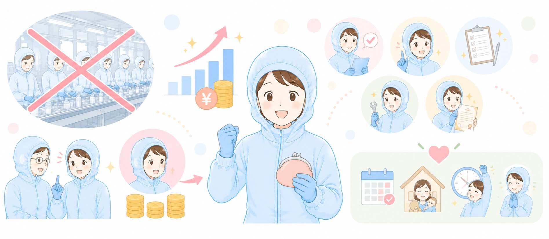 業績の成長と、手当による従業員への還元を表したイラスト