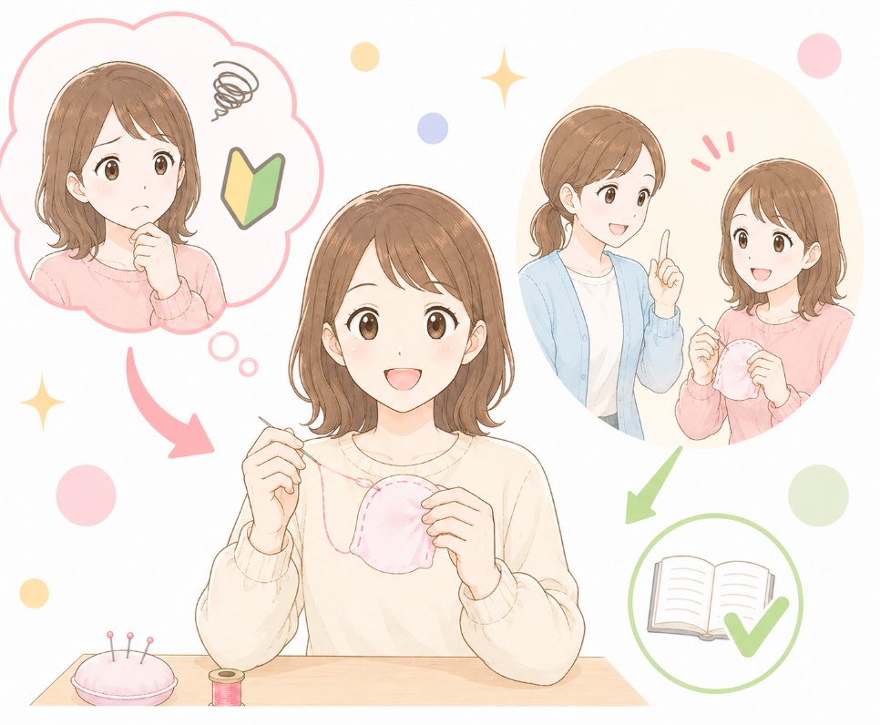 先輩に教わりながら手縫いの研修を受ける女性のイラスト