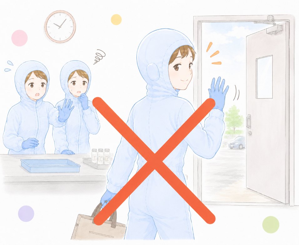 自分の仕事だけ終えて先に帰ってしまう人のイラスト（当社の働き方には合わない例）