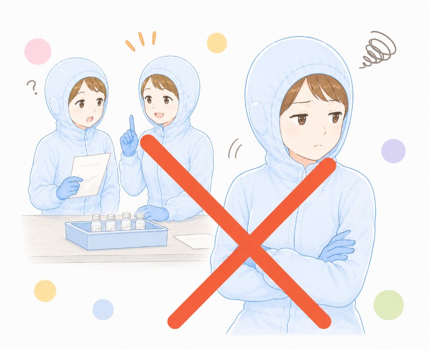分からないことを聞かずに腕を組んでいる人のイラスト（当社の働き方には合わない例）