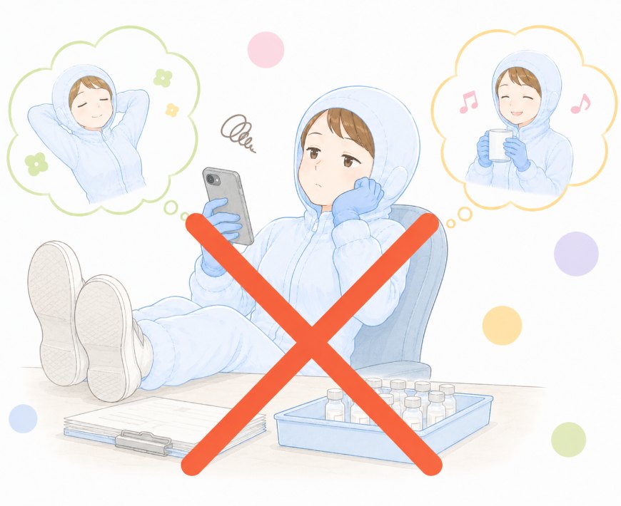 作業中に横になってスマートフォンを見ている人のイラスト（当社の働き方には合わない例）