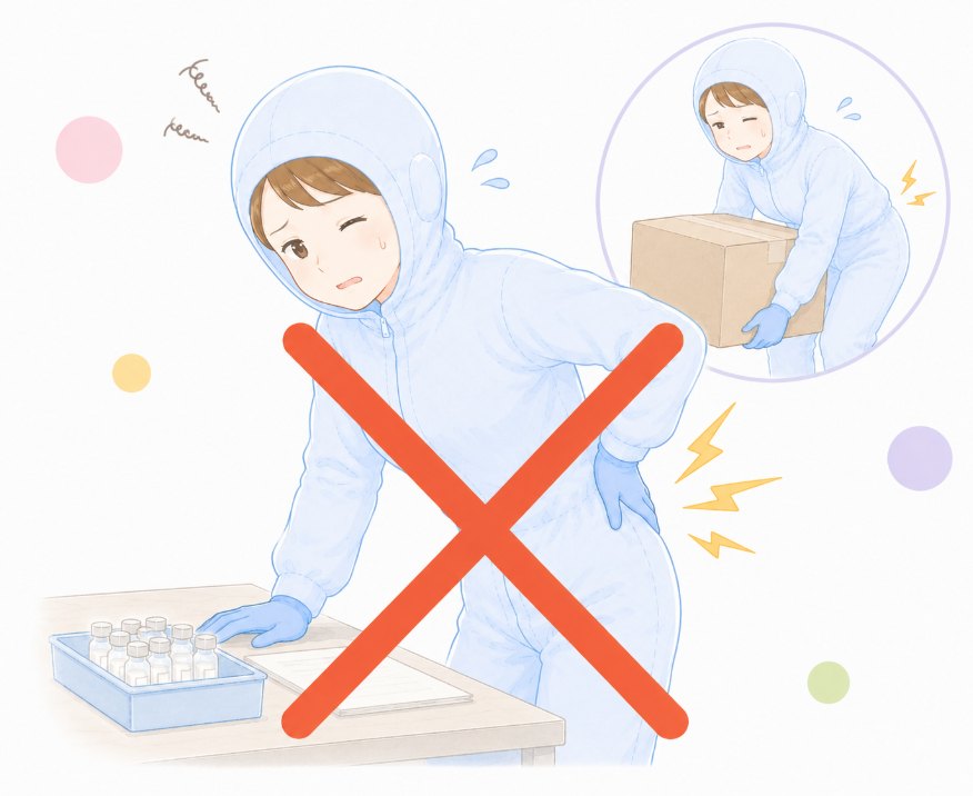 重い箱を持ち上げて体に負担を感じている人のイラスト（体をまったく使わない仕事を探している方には不向き）