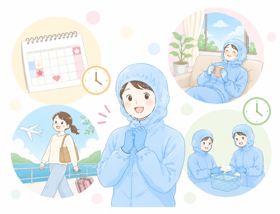 カレンダーを見ながら家族との予定を立てるスタッフのイラスト（土日休みのイメージ）