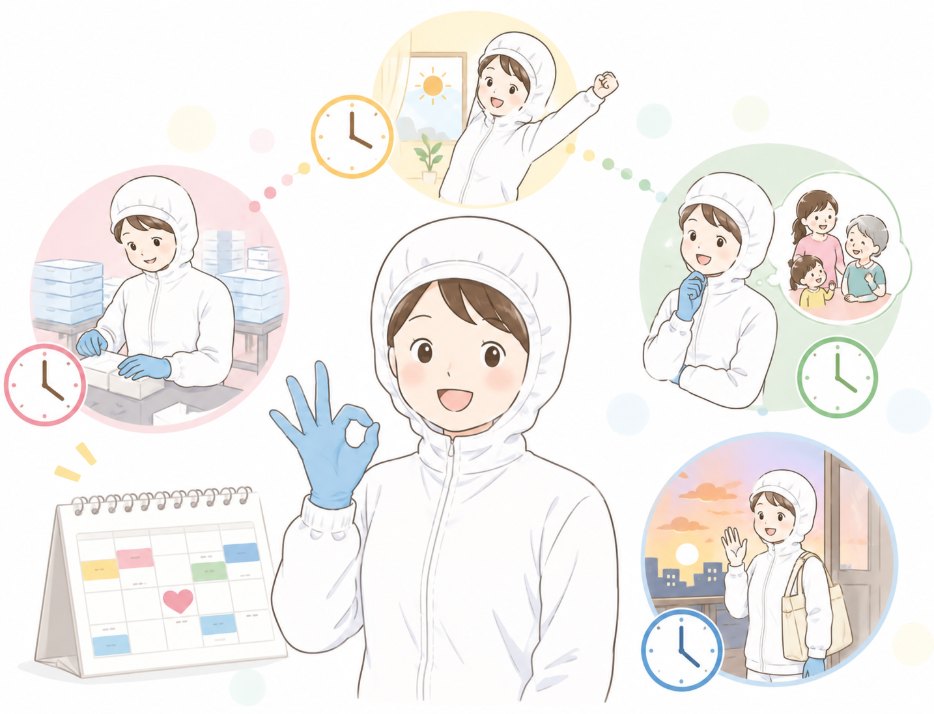 時計とカレンダーを前にOKサインをするスタッフのイラスト（勤務時間の融通が利くイメージ）