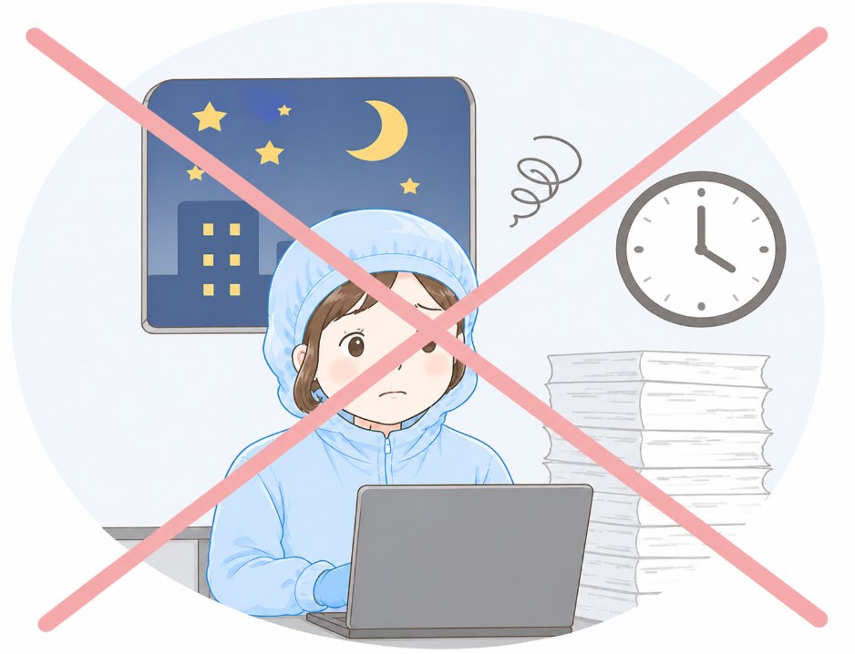 夜遅くまで書類に囲まれて残業する人のイラスト（当社にはない働き方）