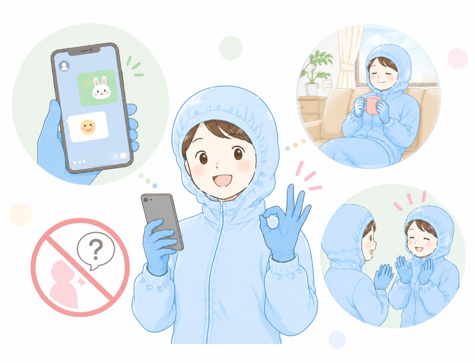 スマートフォンのメッセージアプリで休みを申請するスタッフのイラスト