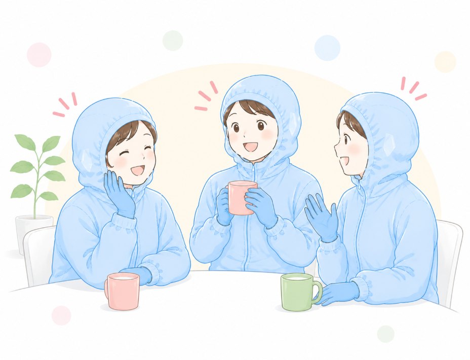 休憩室でお茶を飲みながら談笑する3人のスタッフのイラスト