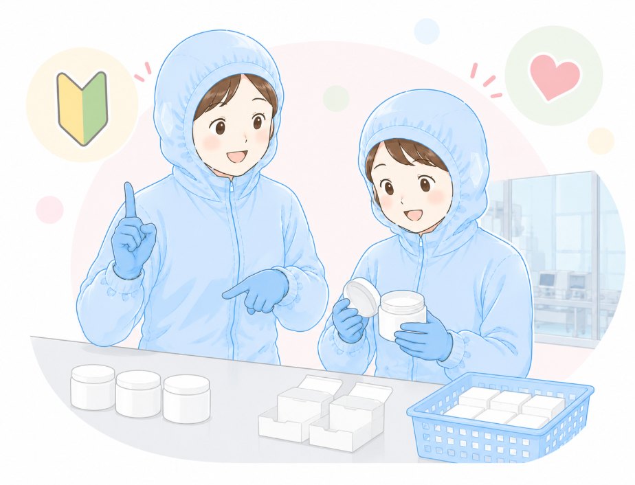 先輩スタッフが新人に作業のコツを教えているイラスト