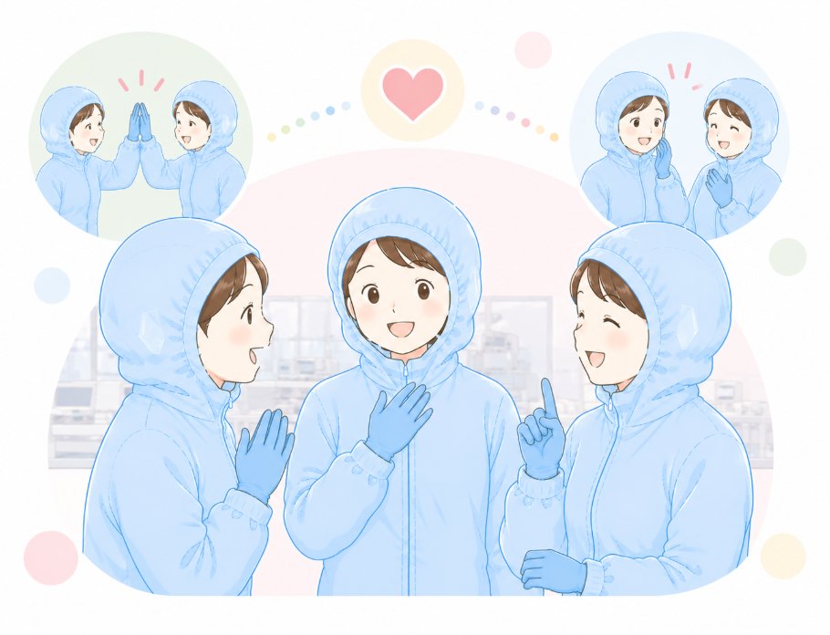 困っている仲間に声をかけ合う3人のスタッフのイラスト