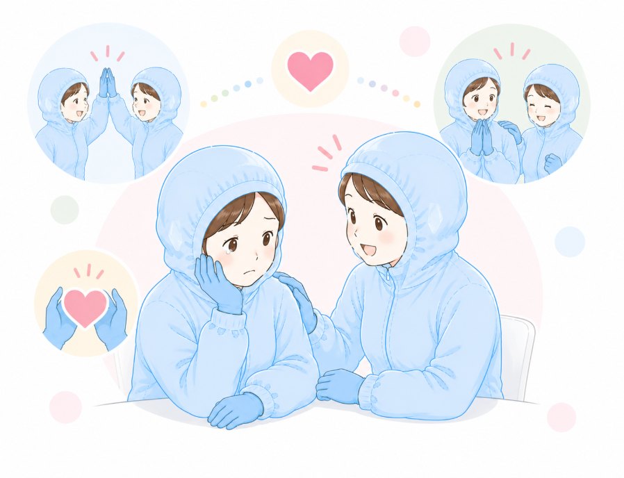 ミスをして落ち込むスタッフを周りが励ましているイラスト